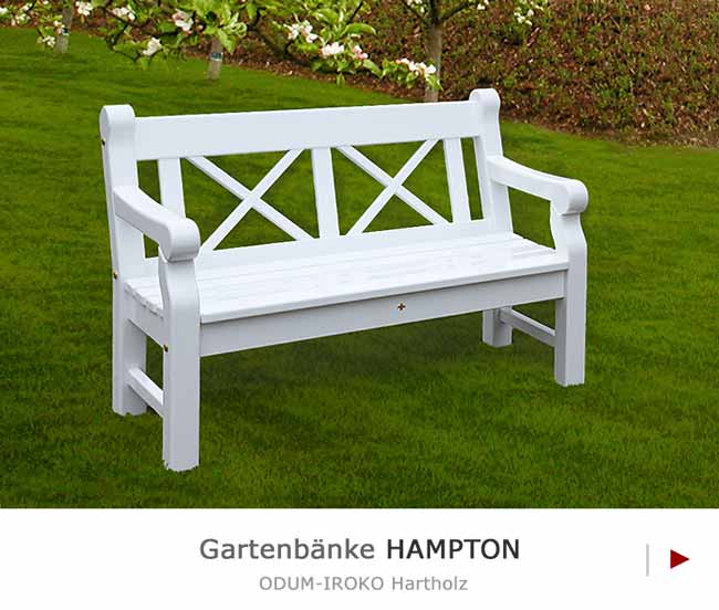 2er Gartenbänke HAMPTON - Extra massives Hartholz - Weiß lackiert - 25 Jahren Garantie