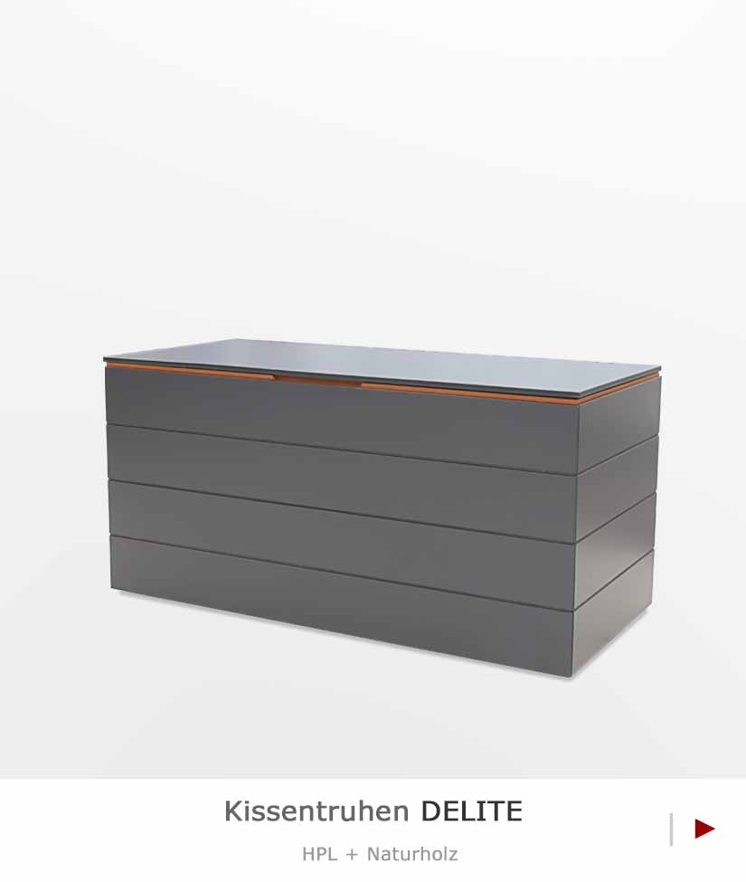 Hochwertige Auflagenbox Gartenbox Kissentruhe DELITE aus wasserdichten HPL-Dekorplatten